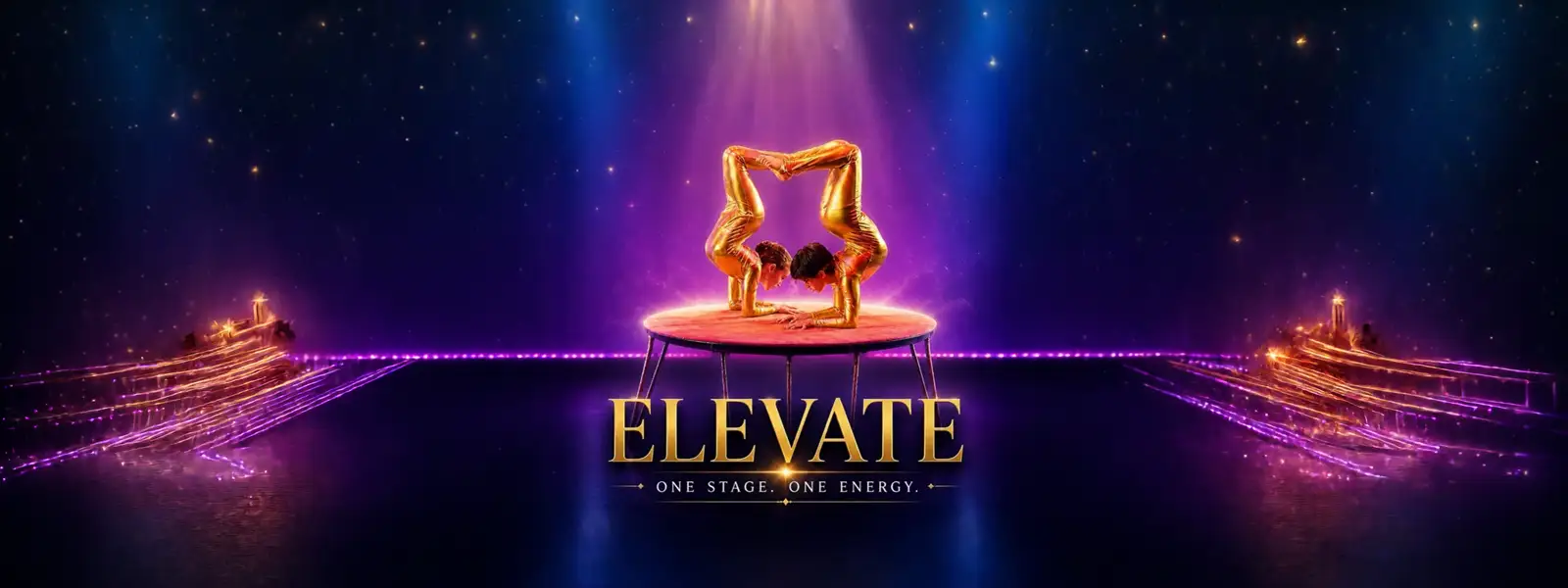 Promotional banner for the Elevate acrobatic show. Two performers in gold suits execute a symmetrical hand-balancing pose on a small circular stage under dramatic purple and blue lighting. Text reads: ELEVATE - ONE STAGE. ONE ENERGY.