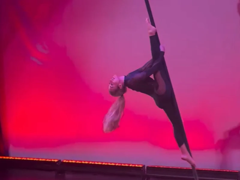 Student performance, flying pole, Elevate event, Cirque Art Studio.