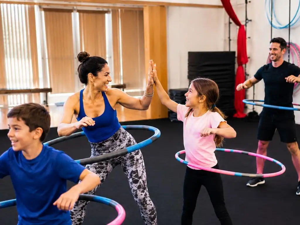 A joyful family group (woman, man, girl, boy) in a fitness studio, actively hula hooping around their waists. A mother and daughter give a high-five, smiling broadly.