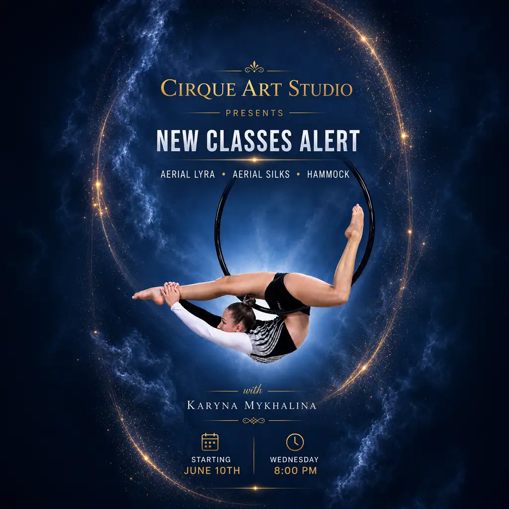 Karyna Mykhalina performing on aerial lyra at Cirque Art Studio in North Miami Beach Florida.